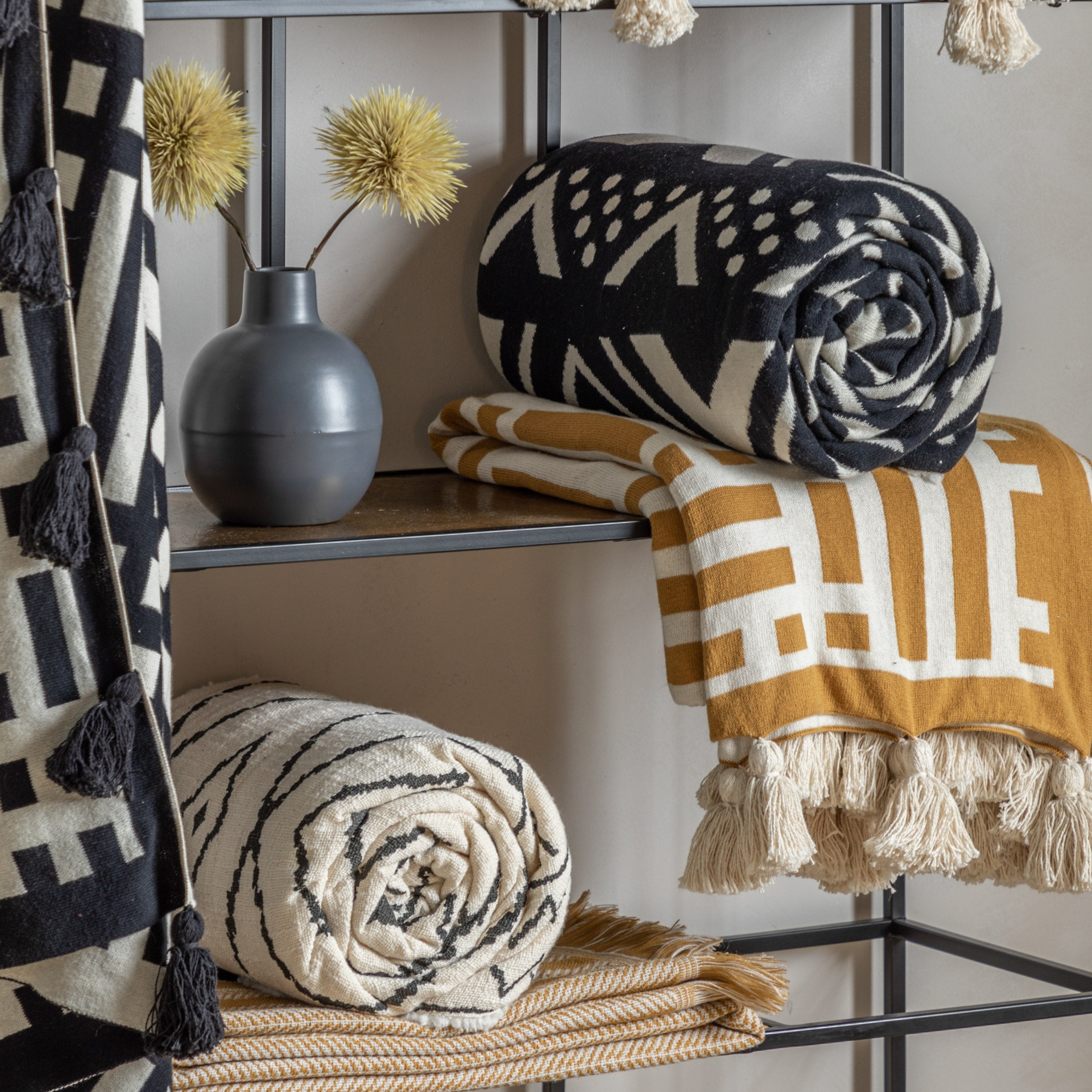 Mayfair Black Aztec Knitted Tassel Throw